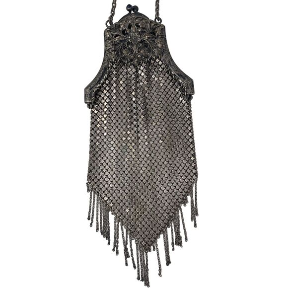 Unbranded Handbags - Chain Mail Mesh Purse Cobalt Stone Kiss Clasp Fringed Flapper Evening Bag